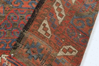 antique tiny baluch rug. Unusual double ended mushwani type baluch in good condition for a genuine older piece. Even low pile with expected brown oxidation. Original goat hair selvages and fancy kelim  ...