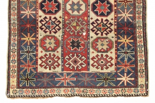 antique caucasian prayer rug with an unusual and interesting design. Eye catching large red hands and big scale columnar, totemic field. All natural colors. As found, with overall mostly even low pile,  ...