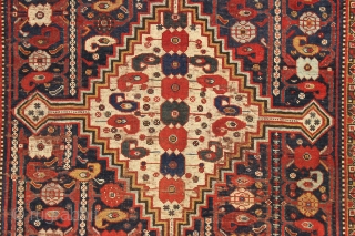 antique little south persian rug in good condition with a very interesting design. An unusual combination of allover field elements and a dramatic ivory medallion. All well saturated natural colors and good  ...