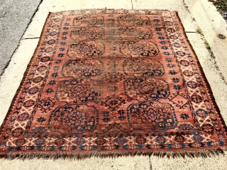 Antique small ersari main carpet. Intact but with some heavy wear as shown. End of summer clean out and priced accordingly. 19th c. 6'8" x 7'6"       