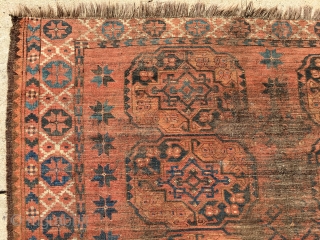 Antique small ersari main carpet. Intact but with some heavy wear as shown. End of summer clean out and priced accordingly. 19th c. 6'8" x 7'6"       