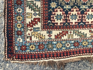 Antique Caucasian prayer rug with chi  chi type design. As found, very dirty. All good natural colors. Very low pile with wear as shown. Few small old crude repairs. Remnant original  ...