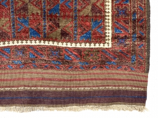 Antique small Baluch prayer rug in fine condition that will not disappoint. Lovely old colors featuring more than usual light blues. Glossy pile and cloth like handle. Browns show some oxidation. Excellent  ...