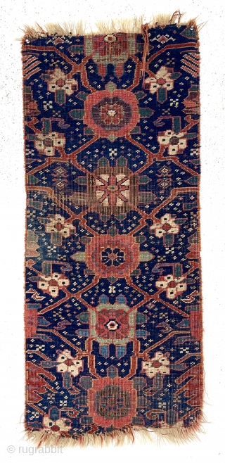 Antique Persian carpet fragment. Classic Mina khanhi design. Likely bidjar origin, thick with depressed weave. Lovely colors. All wool. Late 19th c. 22” x 49”        