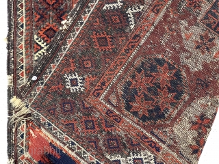 Older Baluch rug with an uncommon design. Overall intact but rough condition with heavily oxidized browns and wear as shown. All natural colors. Appears reasonably clean. An interesting example for study. Priced  ...