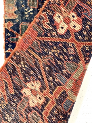 Antique Persian carpet fragment. Classic Mina khanhi design. Likely bidjar origin, thick with depressed weave. Lovely colors. All wool. Late 19th c. 22” x 49”        