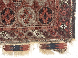 Older Baluch rug with an uncommon design. Overall intact but rough condition with heavily oxidized browns and wear as shown. All natural colors. Appears reasonably clean. An interesting example for study. Priced  ...