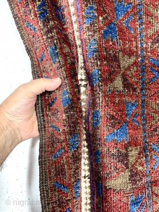 Antique small Baluch prayer rug in fine condition that will not disappoint. Lovely old colors featuring more than usual light blues. Glossy pile and cloth like handle. Browns show some oxidation. Excellent  ...