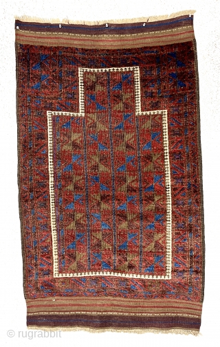 Antique small Baluch prayer rug in fine condition that will not disappoint. Lovely old colors featuring more than usual light blues. Glossy pile and cloth like handle. Browns show some oxidation. Excellent  ...