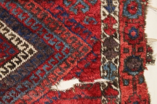 Antique east anatolian rug fragment. Saturated natural dyes. Lustrous wool. Sewn onto cloth backing. Good age. 3' x 3'6"
              