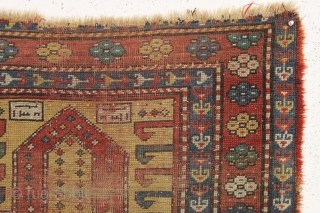 Antique small yellow ground kazak prayer rug. Interesting design. All natural colors.  "As found", very dirty with wear and damage as shown. Priced accordingly. Good age, ca. 3rd qtr. 19th c.  ...