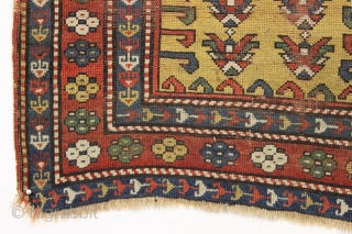 Antique small yellow ground kazak prayer rug. Interesting design. All natural colors.  "As found", very dirty with wear and damage as shown. Priced accordingly. Good age, ca. 3rd qtr. 19th c.  ...