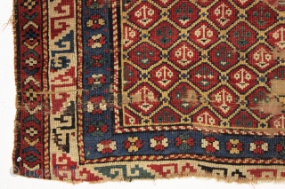 unusual and early small antique kazak prayer rug. dated 1271. "as found" condition with wear, end loss and crude flat stitch repair across center as shown. All natural colors. Rough but not  ...