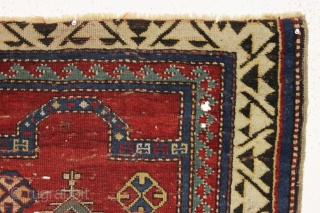 antique small kazak prayer rug. Nicely drawn version of a classic type. All natural colors. A delectable morsel and evidently the moths thought so as well. "as found", dirty with scattered nibbles,  ...