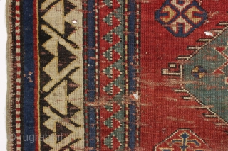 antique small kazak prayer rug. Nicely drawn version of a classic type. All natural colors. A delectable morsel and evidently the moths thought so as well. "as found", dirty with scattered nibbles,  ...