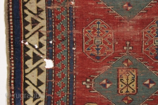 antique small kazak prayer rug. Nicely drawn version of a classic type. All natural colors. A delectable morsel and evidently the moths thought so as well. "as found", dirty with scattered nibbles,  ...