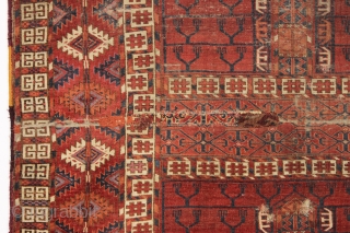 antique tekke ensi. Classic tekke ensi but with an unusual design relying chiefly on ashik guls elements, colored in a lovely soft orange, pretty lilac purple and light blue highlights. I find  ...