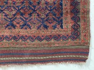 Antique blue ground Baluch prayer rug with shrub lattice. Unusual hand panel design with mini boteh. Nice original wide flat woven ends and original selvages. Overall fair condition for the age with  ...