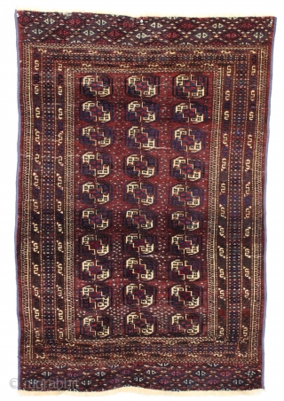 Another fun little turkoman rug. Size of a little tekke rug but looks saryk to me. "As found", decent pile with a few small creases as shown. Sides machine wrapped. Colors look  ...