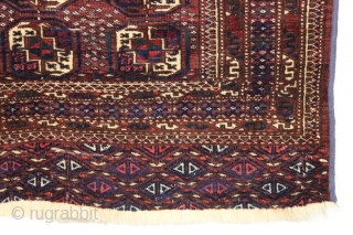 Another fun little turkoman rug. Size of a little tekke rug but looks saryk to me. "As found", decent pile with a few small creases as shown. Sides machine wrapped. Colors look  ...