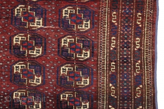 Another fun little turkoman rug. Size of a little tekke rug but looks saryk to me. "As found", decent pile with a few small creases as shown. Sides machine wrapped. Colors look  ...