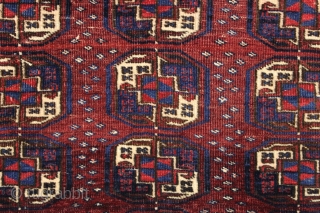 Another fun little turkoman rug. Size of a little tekke rug but looks saryk to me. "As found", decent pile with a few small creases as shown. Sides machine wrapped. Colors look  ...