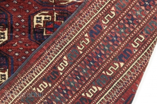 Another fun little turkoman rug. Size of a little tekke rug but looks saryk to me. "As found", decent pile with a few small creases as shown. Sides machine wrapped. Colors look  ...