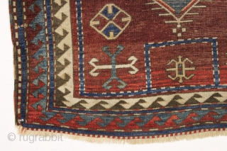 antique small bordjalou kazak prayer rug. Classic design with an interesting feature or two. Unusual abrashed mahogany colored ground. "as found", a bit dirty with some low pile and wear but more  ...