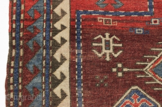 antique small bordjalou kazak prayer rug. Classic design with an interesting feature or two. Unusual abrashed mahogany colored ground. "as found", a bit dirty with some low pile and wear but more  ...