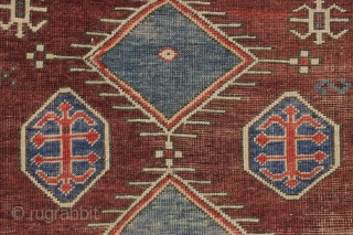 antique small bordjalou kazak prayer rug. Classic design with an interesting feature or two. Unusual abrashed mahogany colored ground. "as found", a bit dirty with some low pile and wear but more  ...