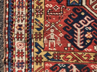 Antique Caucasian karrabagh rug, a type often described as “Kasim Ushak”. This reasonably early example has the characteristic medallions and serrated leaf motifs plus many interesting tribal decorations of humans and animals.  ...