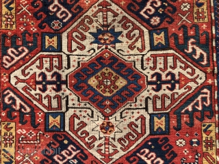 Antique Caucasian karrabagh rug, a type often described as “Kasim Ushak”. This reasonably early example has the characteristic medallions and serrated leaf motifs plus many interesting tribal decorations of humans and animals.  ...