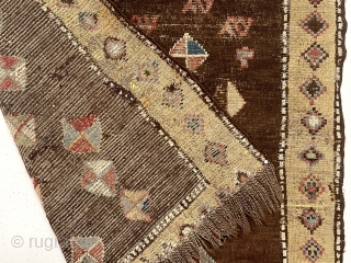 Antique Caucasian rug, possibly zakatala, with an early and non commercial look. Coarsely woven with earthy colors. A hard but appreciated life with substantial areas of flat stitching and other small crude  ...