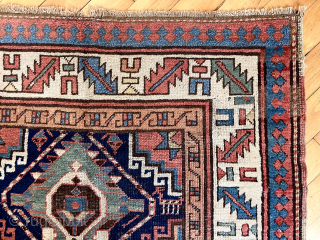 Antique “dazzling” tribal rug. Kazak or Kurdish? Good drawing, good pile, good colors. Time to empty the cedar chests. 19th c. 3’9” x 5’6”         
