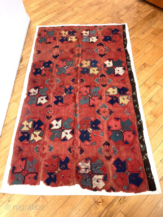 Early central Asian kungrat uzbek flat woven textile. Beautiful natural colors. Large fragment professionally hand sewn onto backing. Assembled from 4 narrow loom strips to get full width. Uncommon weaving. ca. 1850  ...