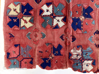 Early central Asian kungrat uzbek flat woven textile. Beautiful natural colors. Large fragment professionally hand sewn onto backing. Assembled from 4 narrow loom strips to get full width. Uncommon weaving. ca. 1850  ...