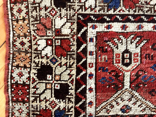 Antique Turkish village prayer rug. Attractive design with some unusual elements. Is that a human or animal figure above  the mihrab? Pretty harmonious palette with a very pale green, possibly sulphonic  ...