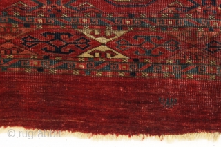 antique turkoman chuval. Older fragment, possibly kizil. "as found", very dirty with some low pile as shown. Has beautiful color under the dirt and should clean up nicely. ca. 1875 or earlier.  ...