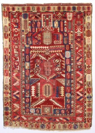 antique anatolian melas rug. Astonishingly complex design with sublime natural colors. Clean with a soft supple handle. Mostly good pile, few small spots of wear as shown. I see no major repairs  ...