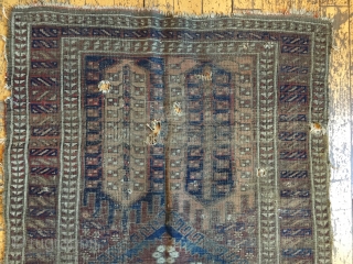 Back room storage clean out. Old Baluch rug. Dirty, worn an damaged. About 3' x 5'                 