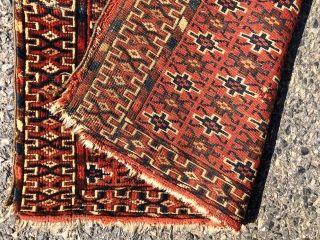 Antique little turkman pile weaving also in the square format. Interesting all over design field using well known yomud border motifs. I associate the complex vine main border with tekke weaving. Beautiful  ...