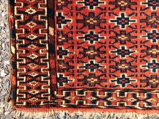 Antique little turkman pile weaving also in the square format. Interesting all over design field using well known yomud border motifs. I associate the complex vine main border with tekke weaving. Beautiful  ...