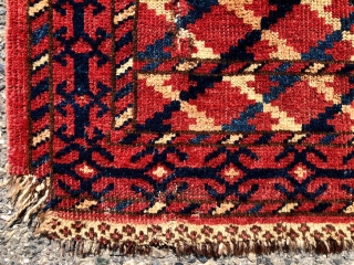 Antique little turkman pile weaving. Beautiful natural colors including a soft yellow/orange and nice silky wool. Probably yomud? When I look closely I seem to see both Turkish and Persian knotting? Possibly  ...