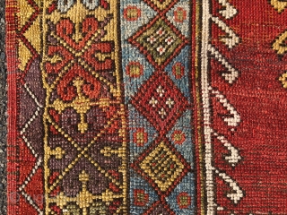 Antique Turkish village prayer rug. Simple, dramatic drawing. Good saturated natural colors including a rich tomato red, strong yellow, sky blues, lovely greens and a nice old aubergine. Overall low pile with  ...