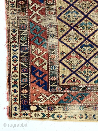  Early Caucasian prayer rug. As found dirty with scattered wear and heavily oxidized blacks. Archaic mihrab. Not something you see often. 1st half 19th c. 
2’9” x 3’11”    