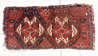 The pile of turkman bags is dangerously high. Early Ersai ikat group torba. Nice yellow/gold highlights (lips?). As found. Mid 19th c. Not an auction, you can just buy. $495 
22” x  ...