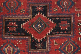 Antique large kazak rug. Great size and colorful. Offered "as found", dirty, a bit of wear and some old crude faded out repairs. Cheerful floor rug. 5'4" x 7'5"    