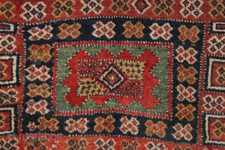 antique large kordi or quchan kurd rug with a strangely assymetric design. In good allover condition with much thick pile. All natural colors featuring a nice old green. A few small repairs,  ...