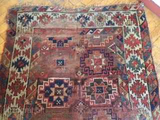 Early large kurdish rug in rough condition. Interesting design with quirky borders. As found with heavy wear and rough edges as shown. All good saturated natural colors and good quality wool. Clean.  ...