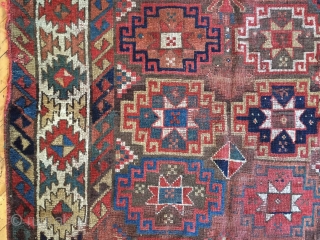 Early large kurdish rug in rough condition. Interesting design with quirky borders. As found with heavy wear and rough edges as shown. All good saturated natural colors and good quality wool. Clean.  ...